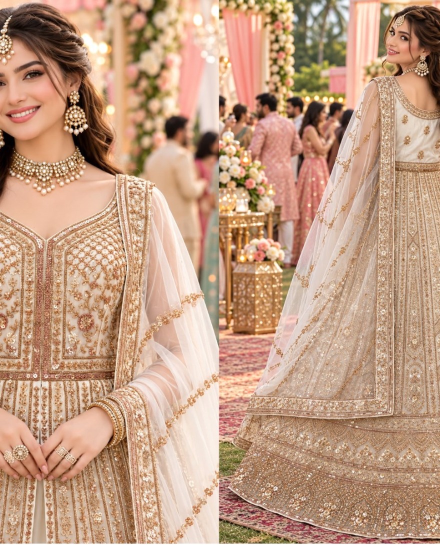 CREAM - Cream Net Beads Lehenga Choli for Ceremonial